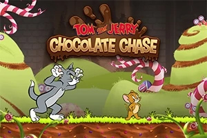 Tom and Jerry: Chocolate Chase Çikolata temasında bir arka plan önünde kovalayan kedi ve kaçan fare