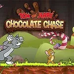 Tom and Jerry: Chocolate Chase Çikolata temasında bir arka plan önünde kovalayan kedi ve kaçan fare