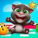 Gülen sevimli bir kedi ve etrafında renkli kuşlar, üstte üç yıldız, bulutlu mavi bir arka plan üzerinde yer alıyor