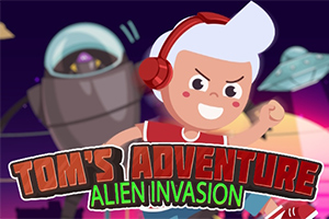 Kırmızı kulaklıklı bir karakter, uzay gemileri ve Toms Adventure Alien Invasion yazılı bir afiş önünde öne çıkıyor
