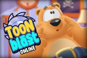 Sarışın peluş bir karakterin yanında büyük sarı ve mavi yazıyla Toon Blast Online metni, arka planda bulanık oda detayı ile