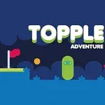 Mavi arka plan üzerinde TOPPLE ADVENTURE yazısı, kırmızı bayraklı bir platform, altın para, yeşil bir karakter ve uzay aracı benzeri bir araç