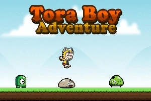 Tora Boy Adventure başlığının altında çizgi film tarzında ormanda zıplayan bir karakter ve çeşitli yaratıklar