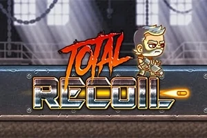 Metal yapılı bir platformda duran kısa saçlı, zırhlı bir karakter ve üzerinde büyükçe Total Recoil yazısı