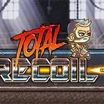Metal yapılı bir platformda duran kısa saçlı, zırhlı bir karakter ve üzerinde büyükçe Total Recoil yazısı