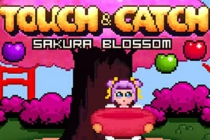 Piksel grafik tarzında pembe çiçekli sakura ağacının altında sepet tutan bir karakter