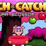 Piksel grafik tarzında pembe çiçekli sakura ağacının altında sepet tutan bir karakter