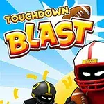 Kırmızı ve beyaz kasklı bir Amerikan futbolcusu ile arkada mavi ve beyaz zemin üzerinde TOUCHDOWN BLAST yazısı
