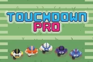 Dört farklı renkte Amerikan futbolu oyuncusu çimenlik zeminde dizilmiş, yukarıda Touchdown Pro metni yer alıyor