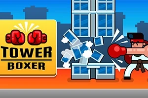 Kare çizimli bir boksör, yumruk atarak camdan bir binayı yıkarken görülüyor; sol tarafta Tower Boxer yazısı bulunan sarı bir pano var