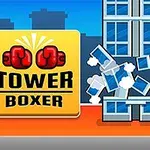 Kare çizimli bir boksör, yumruk atarak camdan bir binayı yıkarken görülüyor; sol tarafta Tower Boxer yazısı bulunan sarı bir pano var
