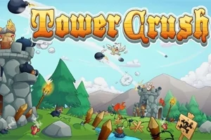 Taş kulelerin ve üzerinde Tower Crush yazısının yer aldığı, savaş sahnesini gösteren çizgi film tarzı bir görsel
