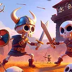 Kafatası şeklindeki Viking miğferli ve kalkanlı iki iskelet, çölde kılıç dövüşü yapıyor, arka planda ok atan iskeletler ve bir kule bulunuyor