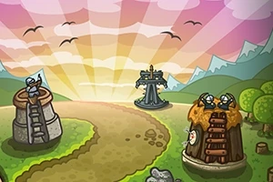 Çizgi film tarzında, güneşin doğduğu bir manzara önünde iki kule ve yol yer almakta, kulelerin üzerindeki figürler savunma pozisyonunda