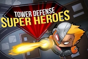 Kask ve zırh giymiş, ateş eden bir süper kahraman figürü ve üst kısımda Tower Defense Super Heroes yazısı