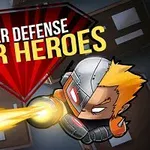 Kask ve zırh giymiş, ateş eden bir süper kahraman figürü ve üst kısımda Tower Defense Super Heroes yazısı