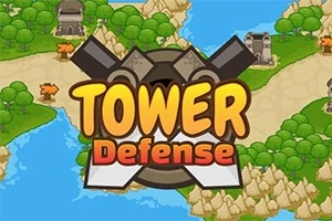 Çizgi tarzı bir haritanın ortasında Tower Defense yazısı ve arka planda yollar, nehirler ve kuleler