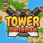Çizgi tarzı bir haritanın ortasında Tower Defense yazısı ve arka planda yollar, nehirler ve kuleler