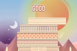 Renkli bir arka plan üzerinde güneşin önünde dizilmiş bloklar ve GOOD yazısı