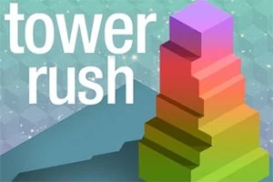 Renkli, üst üste dizilmiş bloklardan oluşan bir kule ve sol üst köşede büyük beyaz harflerle yazılmış tower rush yazısı