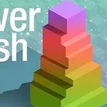 Renkli, üst üste dizilmiş bloklardan oluşan bir kule ve sol üst köşede büyük beyaz harflerle yazılmış tower rush yazısı