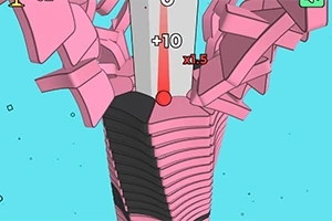 Pembe ve siyah bloklardan oluşan bir kule üzerinde bir top, mavi arka plan önünde dikey olarak hareket ediyor