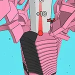 Pembe ve siyah bloklardan oluşan bir kule üzerinde bir top, mavi arka plan önünde dikey olarak hareket ediyor