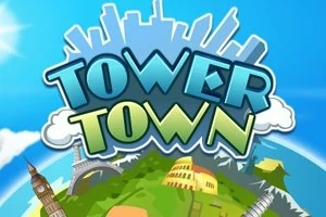 Mavi gökyüzü ve stilize şehir silüeti arka planında, Tower Town yazısı bulunan, dünyaca ünlü yapıları içeren bir dünya resmi