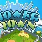 Mavi gökyüzü ve stilize şehir silüeti arka planında, Tower Town yazısı bulunan, dünyaca ünlü yapıları içeren bir dünya resmi