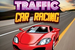 Kırmızı bir spor araba, arka planda düz bir yol üzerinde ilerliyor, üstte Traffic Car Racing yazısı bulunuyor