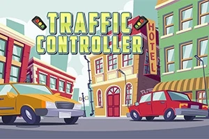 Renkli binalarla çevrili bir şehir sokağında sarı ve kırmızı arabalar, üzerinde Traffic Controller yazan bir başlıkla birlikte