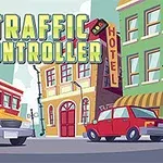 Renkli binalarla çevrili bir şehir sokağında sarı ve kırmızı arabalar, üzerinde Traffic Controller yazan bir başlıkla birlikte