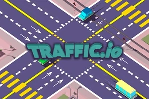 Çizgi film tarzında tasarlanmış bir kavşakta ilerleyen araçlar ve üzerinde Traffic