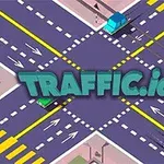 Çizgi film tarzında tasarlanmış bir kavşakta ilerleyen araçlar ve üzerinde Traffic