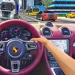 Kırmızı direksiyonlu bir spor otomobilin içinden şehir trafiği manzarası