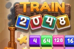 Renkli blokların üzerinde TRAIN 2048 yazısı ve altında çeşitli sayıların bulunduğu oyun temalı bir görsel