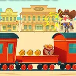 Kovboy kıyafetleri giymiş iki karakter trenin üzerinde karşılıklı duruyor ve aralarında para dolu bir torba ile altın madeni paralar bulunuyor