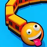 Sarı bir gülen yüz emojisi ve arkasında tren şeklinde bir vagon serisinin olduğu mavi bir zemin