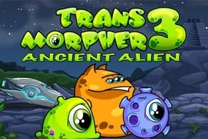 Üç farklı renk ve şekilde sevimli uzaylı karakterin olduğu, Transmorpher 3 Ancient Alien yazılı fantastik bir sahne