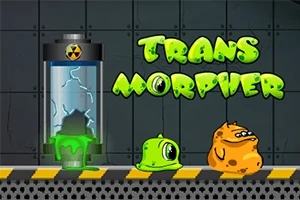 Yeşil ve turuncu yaratıkların bulunduğu, büyük harflerle Trans Morpher yazan laboratuvar temalı bir sahne