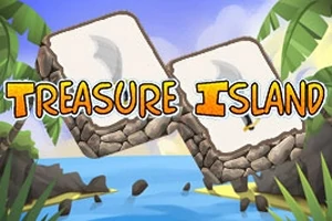 Deniz kenarında palmiye ağaçları ile çevrili bir adanın üzerinde taş bloklar ve Treasure Island yazısı