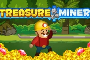 Kasklı bir madenci, altın yığınlarının önünde neşeyle el sallıyor; arka planda orman manzarası ve Treasure Miner yazısı bulunuyor