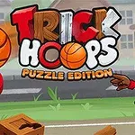 Basketbol topunu potaya atan bir çizgi karakter ve arka planda Trick Hoops Puzzle Edition yazısı