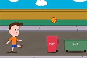 Çizgi film tarzında bir karakter, yolda zıplayan turuncu bir topa doğru tekme atarken, yakınında 10PT yazılı kırmızı ve 5PT yazılı yeşil çöp kutuları bulunuyor