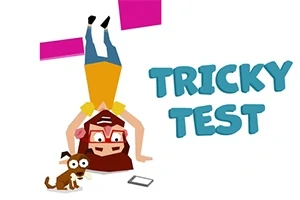 Baş aşağı duran gözlüklü bir kız ile köpek ve TRICKY TEST yazısı