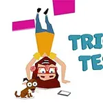Baş aşağı duran gözlüklü bir kız ile köpek ve TRICKY TEST yazısı