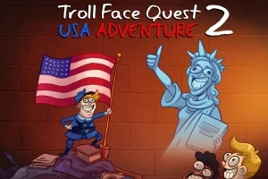 Özgürlük Heykelinin komik bir versiyonunun yanında Amerikan bayrağını tutan bir polis memuru ve iki şaşkın figür yer alıyor