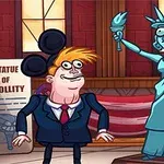 Özgürlük Heykelinin komik bir versiyonunun yanında Amerikan bayrağını tutan bir polis memuru ve iki şaşkın figür yer alıyor