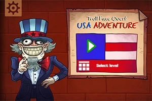 Çizgi film tarzında bir karakter, üstünde Troll Face Quest USA Adventure yazan bir afiş ile birlikte; afişte bir oyun başlatma düğmesi ve seviyeler seçme opsiyonu bulunuyor