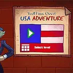 Çizgi film tarzında bir karakter, üstünde Troll Face Quest USA Adventure yazan bir afiş ile birlikte; afişte bir oyun başlatma düğmesi ve seviyeler seçme opsiyonu bulunuyor